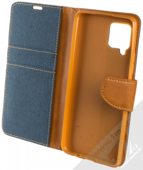 1Mcz Canvas Book flipové pouzdro pro Samsung Galaxy A42 5G tmavě modrá hnědá (dark blue camel) otevřené