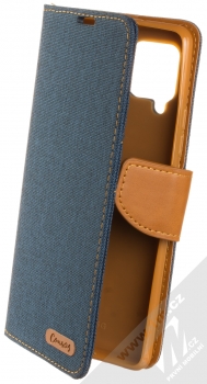 1Mcz Canvas Book flipové pouzdro pro Samsung Galaxy A42 5G tmavě modrá hnědá (dark blue camel)