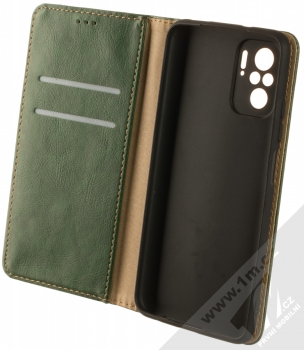 1Mcz Grain Magnetic Book flipové pouzdro pro Xiaomi Redmi Note 10, Redmi Note 10S, Poco M5s tmavě zelená (forest green) otevřené