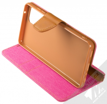 1Mcz Canvas Book flipové pouzdro pro Samsung Galaxy A72, Galaxy A72 5G sytě růžová hnědá (hot pink camel) stojánek