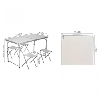 1Mcz Kempingový skládací set, stolek a 4 křesílka, 120x70,5x70cm stříbrná šedá (silver gray)