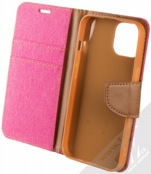 1Mcz Canvas Book flipové pouzdro pro Apple iPhone 14 sytě růžová hnědá (hot pink camel) otevřené