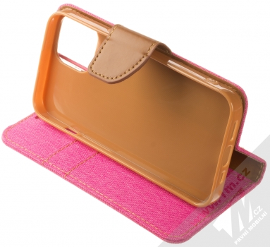 1Mcz Canvas Book flipové pouzdro pro Apple iPhone 14 sytě růžová hnědá (hot pink camel) stojánek