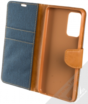 1Mcz Canvas Book flipové pouzdro pro Samsung Galaxy A72, Galaxy A72 5G tmavě modrá hnědá (dark blue camel) otevřené