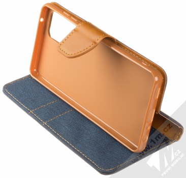 1Mcz Canvas Book flipové pouzdro pro Samsung Galaxy A72, Galaxy A72 5G tmavě modrá hnědá (dark blue camel) stojánek