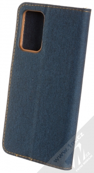 1Mcz Canvas Book flipové pouzdro pro Samsung Galaxy A72, Galaxy A72 5G tmavě modrá hnědá (dark blue camel) zezadu