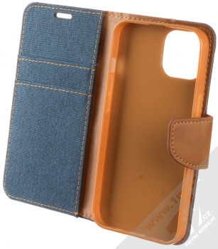 1Mcz Canvas Book flipové pouzdro pro Apple iPhone 14 tmavě modrá hnědá (dark blue camel) otevřené