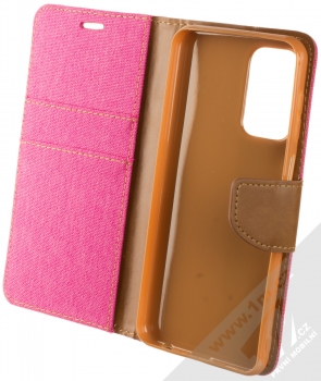 1Mcz Canvas Book flipové pouzdro pro Samsung Galaxy A23, Galaxy A23 5G sytě růžová hnědá (hot pink camel) otevřené