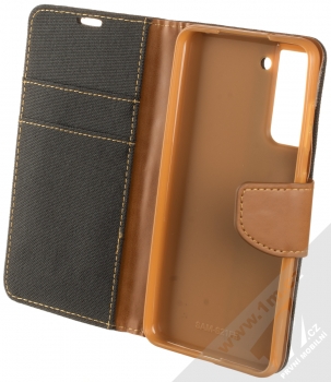 1Mcz Canvas Book flipové pouzdro pro Samsung Galaxy S21 FE černá hnědá (black camel) otevřené