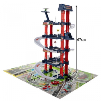 1Mcz SNA660-A331 Parkoviště, parkovací dům, mega city garáž 4 patrová s výtahem a heliportem modrá červená šedá (blue red grey)