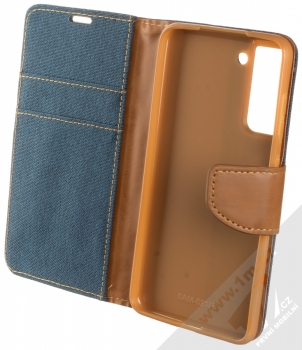 1Mcz Canvas Book flipové pouzdro pro Samsung Galaxy S21 FE tmavě modrá hnědá (dark blue camel) otevřené