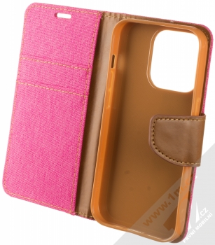 1Mcz Canvas Book flipové pouzdro pro Apple iPhone 14 Pro sytě růžová hnědá (hot pink camel) otevřené