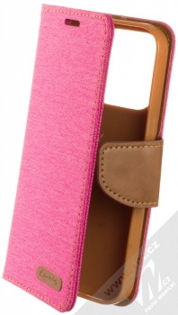 1Mcz Canvas Book flipové pouzdro pro Apple iPhone 14 Pro sytě růžová hnědá (hot pink camel)