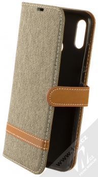 1Mcz Canvas Line Book flipové pouzdro pro Honor 10 Lite šedá hnědá (grey camel)