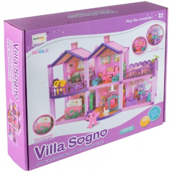 1Mcz Villa Sogno domek pro panenky s příslušenstvím, 2 poníky a pejskem růžová fialová (pink violet)