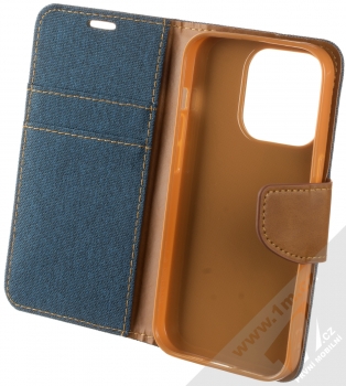 1Mcz Canvas Book flipové pouzdro pro Apple iPhone 14 Pro tmavě modrá hnědá (dark blue camel) otevřené