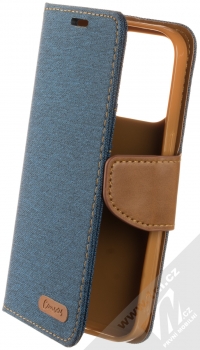 1Mcz Canvas Book flipové pouzdro pro Apple iPhone 14 Pro tmavě modrá hnědá (dark blue camel)