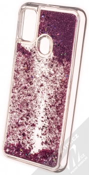 1Mcz Liquid Diamond Sparkle ochranný kryt s přesýpacím efektem třpytek pro Samsung Galaxy M21 růžově zlatá (rose gold) zezadu