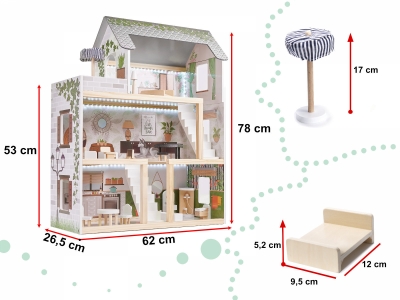 1Mcz Lulilo Floro Dřevěný domek pro panenky s příslušenstvím a LED osvětlením 78cm šedá zelená (grey green)