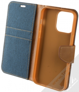 1Mcz Canvas Book flipové pouzdro pro Apple iPhone 14 Pro Max tmavě modrá hnědá (dark blue camel) otevřené