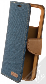 1Mcz Canvas Book flipové pouzdro pro Apple iPhone 14 Pro Max tmavě modrá hnědá (dark blue camel)