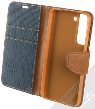 1Mcz Canvas Book flipové pouzdro pro Samsung Galaxy S22 5G tmavě modrá hnědá (dark blue camel) otevřené