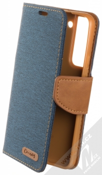 1Mcz Canvas Book flipové pouzdro pro Samsung Galaxy S22 5G tmavě modrá hnědá (dark blue camel)