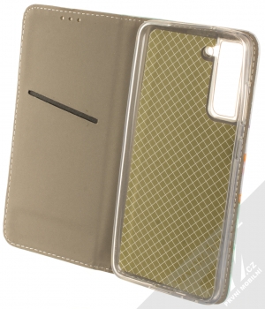 1Mcz Trendy Book Prozlacený Mramor flipové pouzdro pro Samsung Galaxy S21 FE mátově zelená (mint green) otevřené