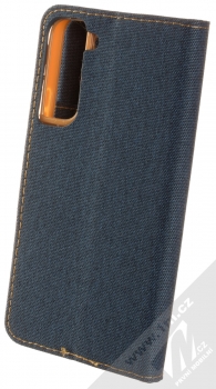 1Mcz Canvas Book flipové pouzdro pro Samsung Galaxy S22 Plus 5G tmavě modrá hnědá (dark blue camel) zezadu