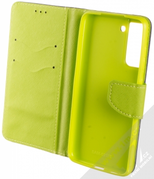 1Mcz Fancy Book flipové pouzdro pro Samsung Galaxy S21 FE modrá limetkově zelená (blue lime) otevřené