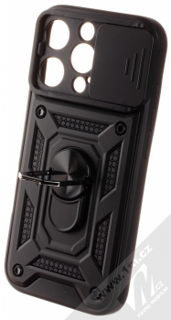 1Mcz Armor CamShield odolný ochranný kryt s držákem na prst pro Apple iPhone 16 Pro černá (black) otevřené a držák