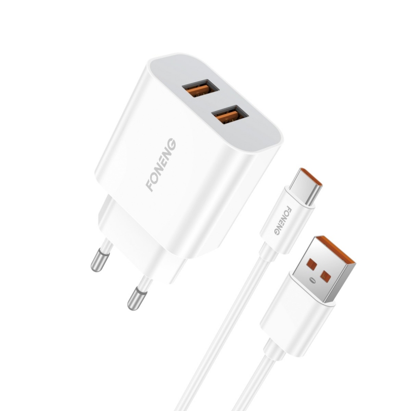 Foneng EU45 Dual USB Charger Kit nabíječka do sítě s 2x USB výstupy 12W a USB kabel s USB Type-C konektorem